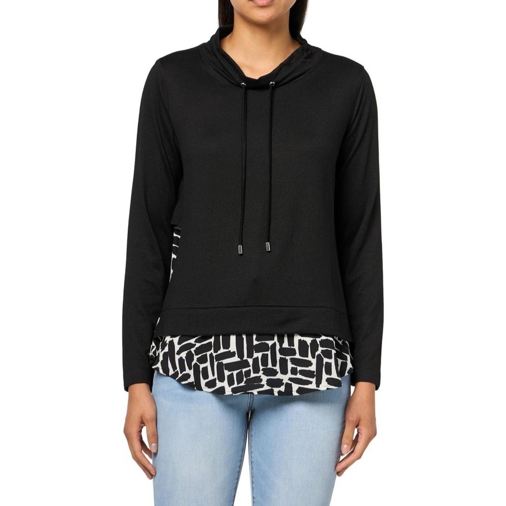 NWT MULTIPLES Women's Long Sleeve Drawstring Mock Neck Layered Top - Black Sz M